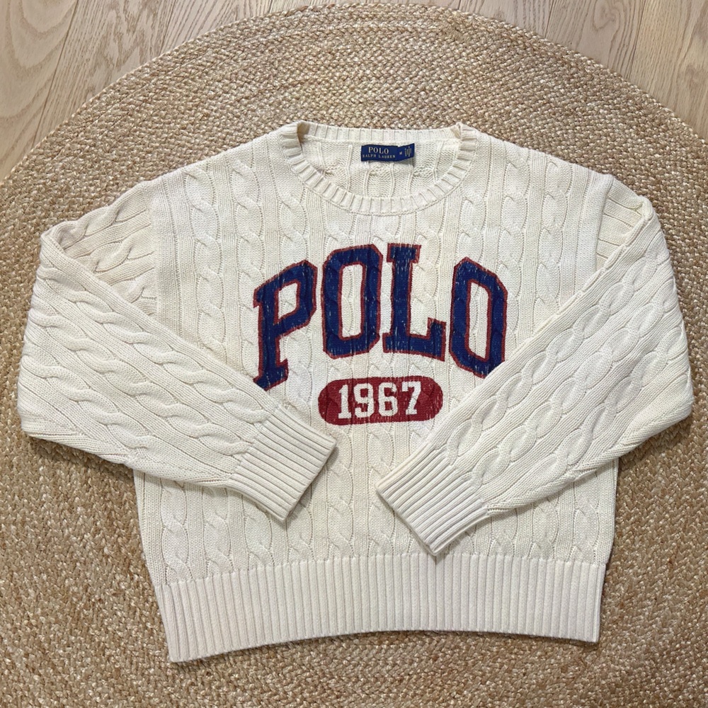 Ralph Lauren Cream Cable Knit Sweater with Blue and Red Logo(Like New)